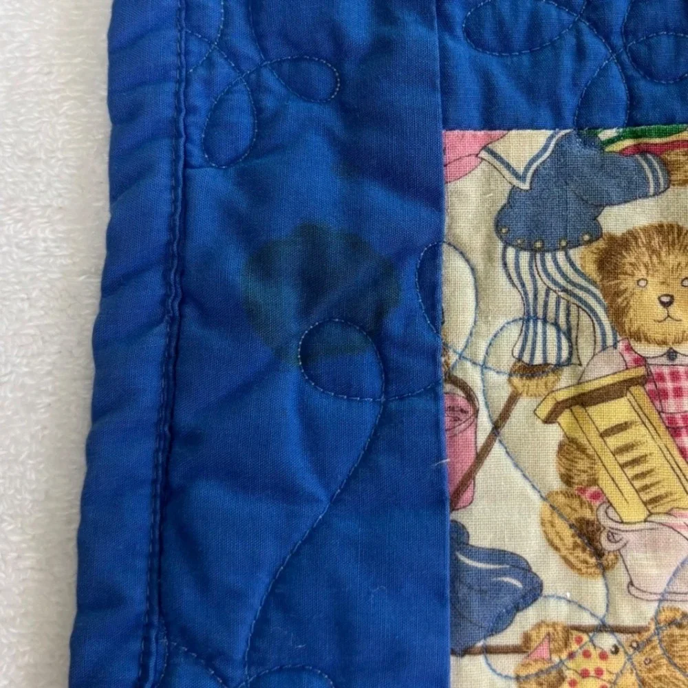 Handmade Teddy Bear Quilt Blue White Checkered Pattern Toddler Baby Blanket‎